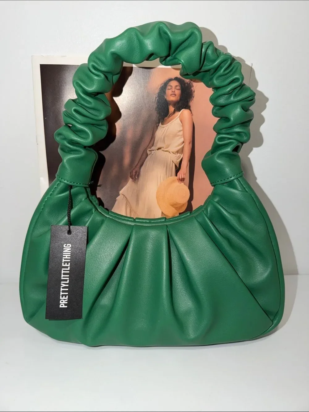 PLT Kelly Green Faux Leather Pleated Ruched Handle Mini Hobo Purse Bag